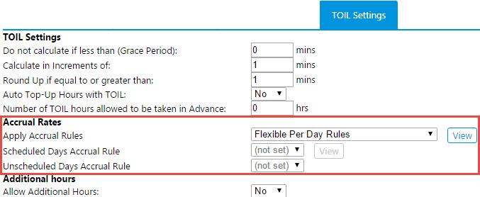 2.6.6 Adding Accrual Rates to the Timesheet If an accrual rate other than 1 applies to the timesheet, you can add Accrual Rate Rules on the TOIL Settings tab under the Accrual Rates section.