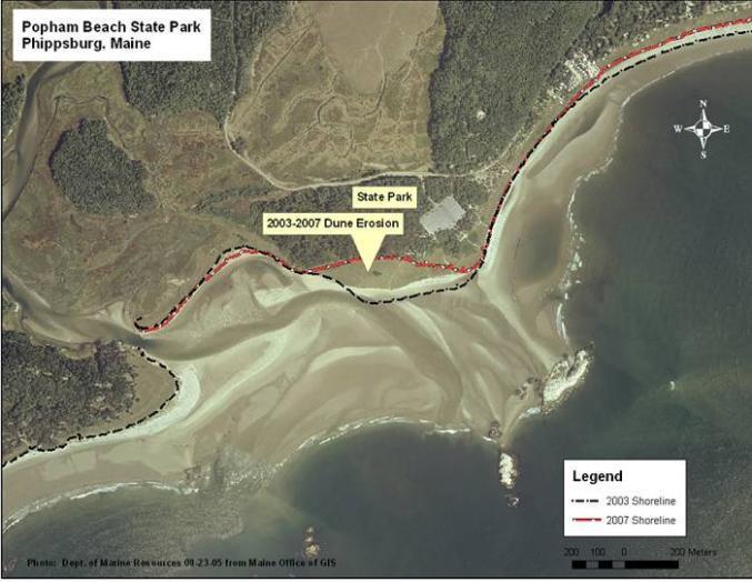 Map by Peter A. Slovinsky, base map from MEGIS Historical Shoreline Change Patterns From 2003 to 2007 the Morse River removed a large area of dunes along the west beach (Figure 5).