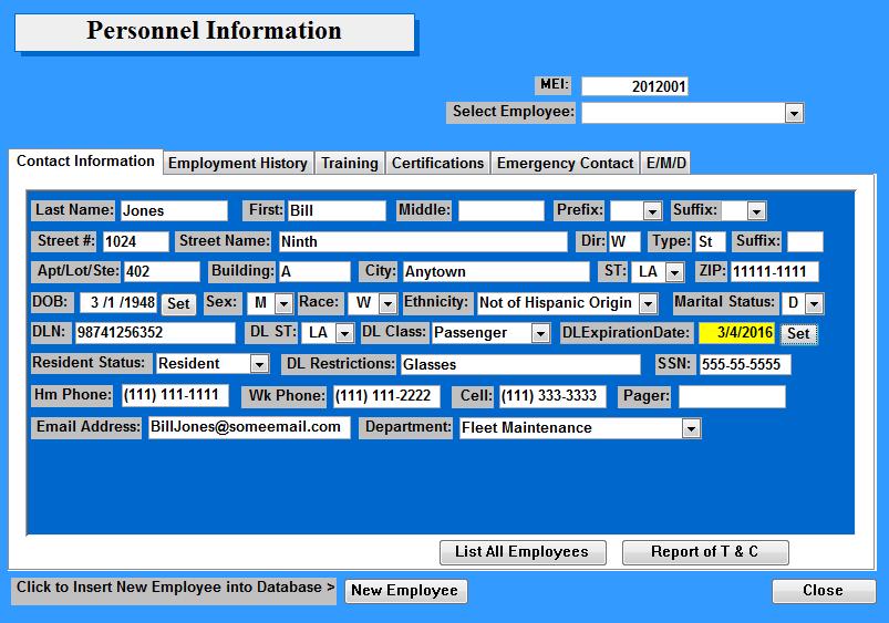 Employee records are maintained on the Personnel Information form. The Contact Information tab is where the employee name, address, sex, race, date of birth and other general information is entered.