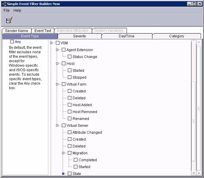 Event Filters The VSM tree adds new Event Filters for managing virtual environments.