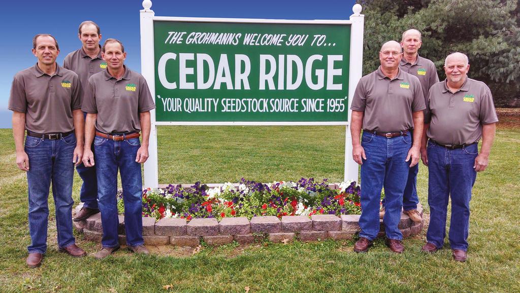 The late Fred and Betty Grohmann s six sons, (l-r) Freddie, Mike, Randy, Dennis, Stan and Bob, with their families, own and operate Cedar Ridge, selling seedstock worldwide.