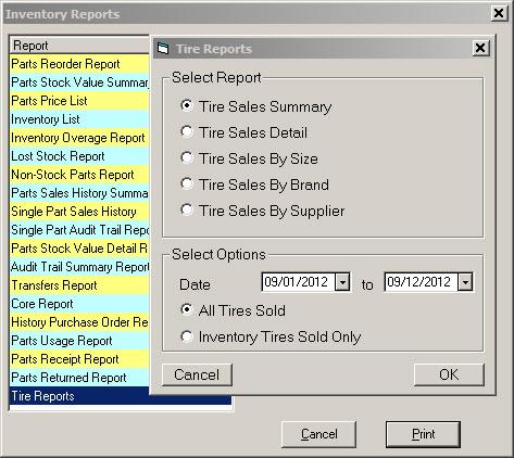 New Tire Sales Reports Five new Tire Sales Reports have been added to the Inventory reports menu. The selections are Tire Sales Summary, Detail, by Size, by Brand or by Supplier.