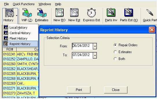 Reprint History Batch Printing The Reprint History batch printing was added to the main R.O. Writer module, as a new option off the History tool bar button.