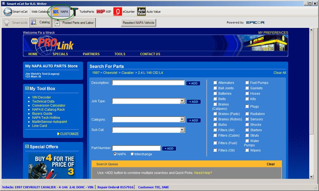 NEW FEATURES NAPA PROLink NAPA PROLink replaces the old Napa catalog. The user can select parts and post them back to Smart ecat for estimating and ordering.