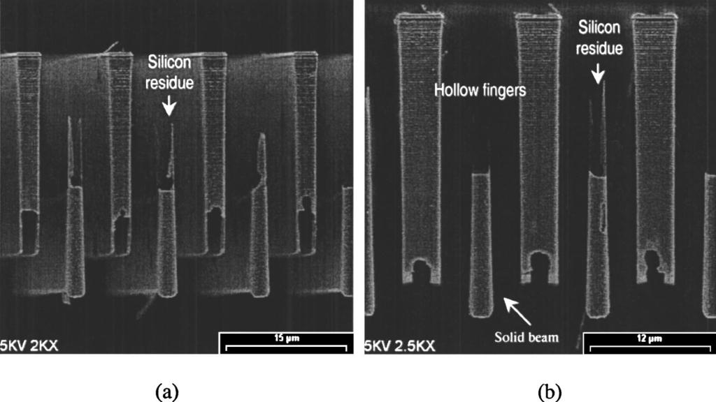 ide layer on the solid comb fingers is not removed during the silicon DRIE, and it acts as shadow masks in the subsequent anisotropic silicon etching.