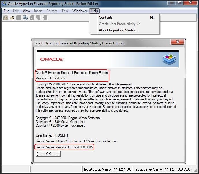 Chapter 5 Financial Reporting and Analysis The following figure shows an example of matching client and server versions. The Oracle Hyperion Financial Reporting, Fusion Edition version is 11.1.2.4.