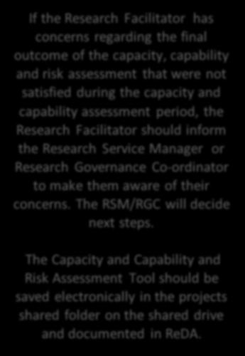 Yes No If the Research Facilitator has concerns regarding the final outcome of the capacity, capability and risk assessment that were not satisfied during the capacity and capability