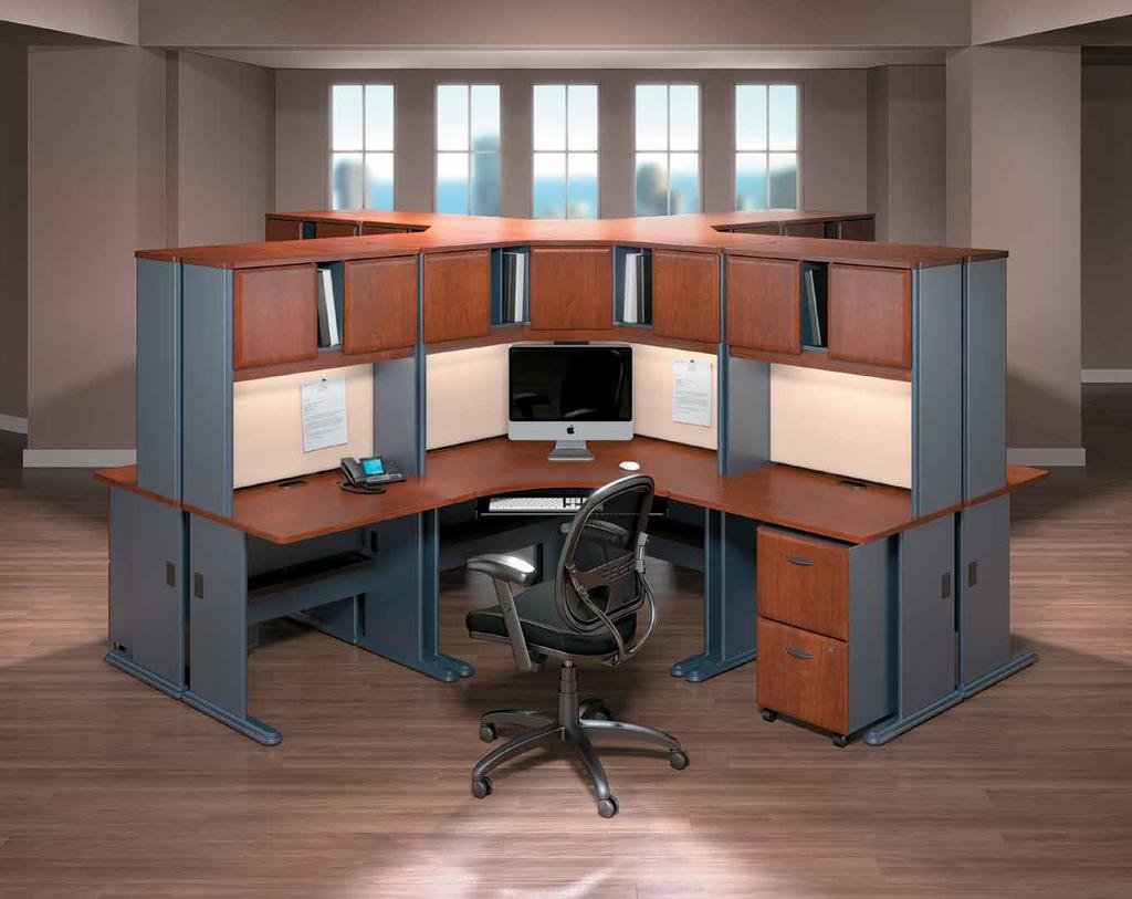 include a fully finished back panel and coordinating fabric covered tack boards (exception: 42" Corner does not have tack board) R Mounts conveniently to desking, Lateral Files or Storage Cabinets R