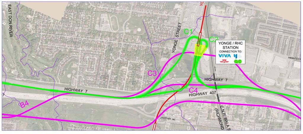 and does not support walk in access from Richmond Hill/Langstaff node South side alignment C3 eliminated as it does not penetrate Richmond Hill /Langstaff node and does not connect with both GO rail