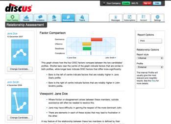 Exploring working relationships Discus Online can create a Relationship Assessment report for almost any pair of profiles on your database through the Relationships tab.