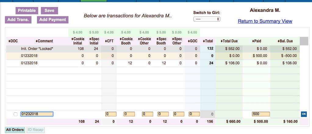 To change or adjust a transaction, simply click on that girl s transaction and it will pop up at the bottom in tan.