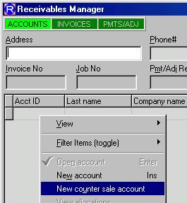 Right click, and select New Counter Sale Account 3. In creating the new billing account, it is recommended that you enter COUNTER, or some other descriptive text as the account number. 4.
