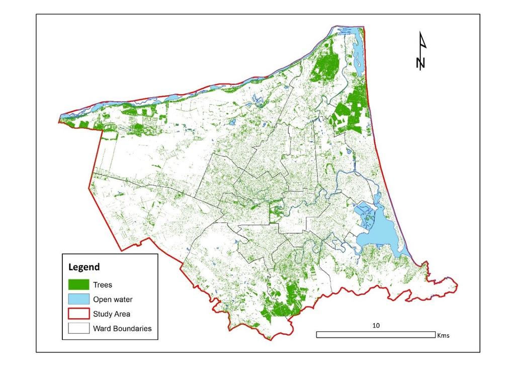 4 Results City-wide tree cover The study area covers 43,224.93 hectares (ha) or 432.25 km 2 of land, of which 15.59% (6,738.51 ha or 67.39 km 2 ) is covered by tree canopy (Figure 2).
