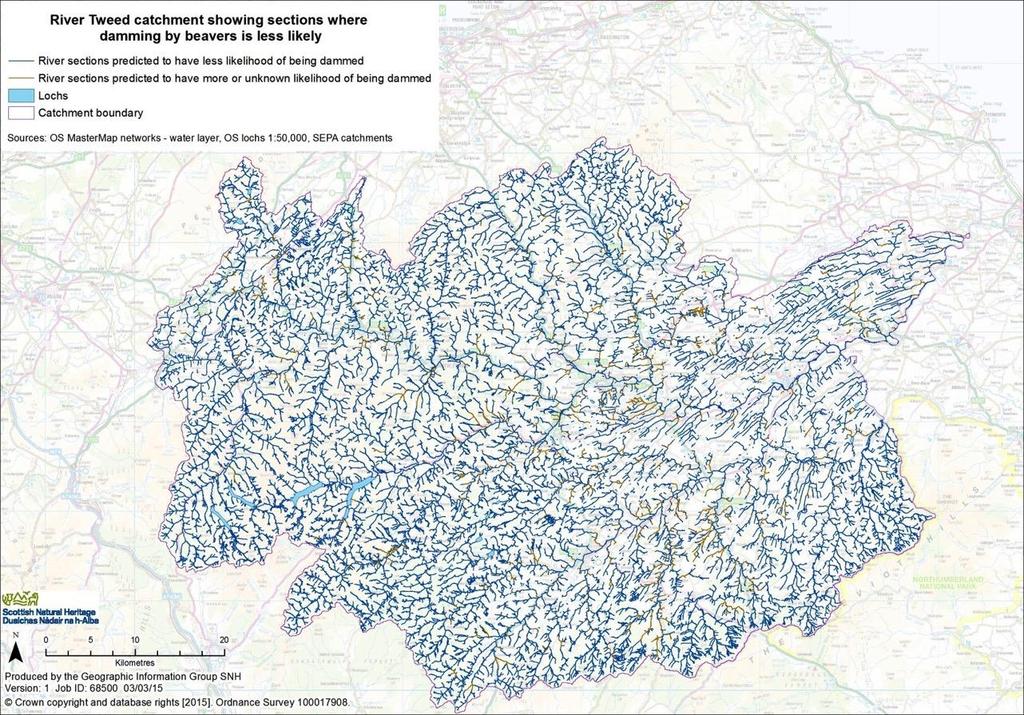 Tweed catchment (Scotland) 90% of river sections are less likely to be dammed by