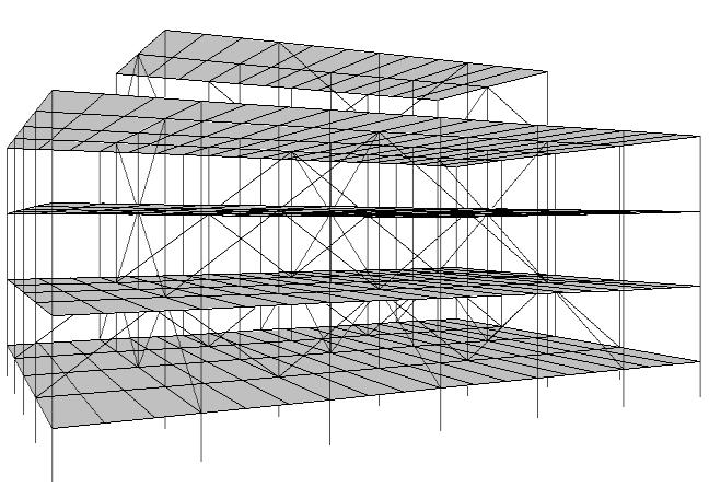 Figure 5: 3-D model of the structural system. Increasing the continuous length of (number of) braced bays at lower stories.