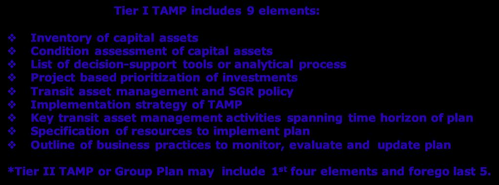 Transit Asset Management Plan Elements Tier I TAMP includes 9 elements: v v v v v v v v v Inventory of capital assets Condition assessment of capital assets List of decision-support tools or