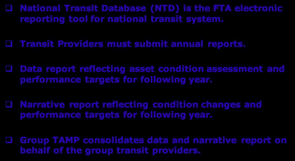 National Transit Database q National Transit Database (NTD) is the FTA electronic reporting tool for national transit system. q Transit Providers must submit annual reports.