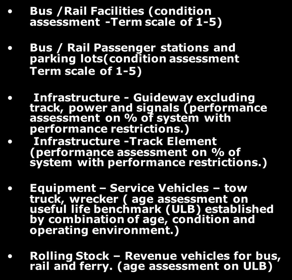 parking lots(condition assessment Term scale of 1-5) Infrastructure - Guideway excluding track, power and signals (performance assessment on % of system with performance restrictions.