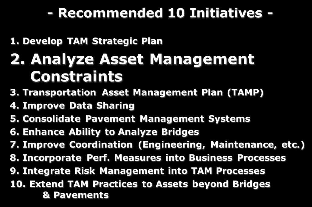 FHWA Sponsored Gap Analysis - 2014 - Recommended 10 Initiatives 1. Develop TAM Strategic Plan 2. Analyze Asset Management Constraints 3. Transportation Asset Management Plan (TAMP) 4.