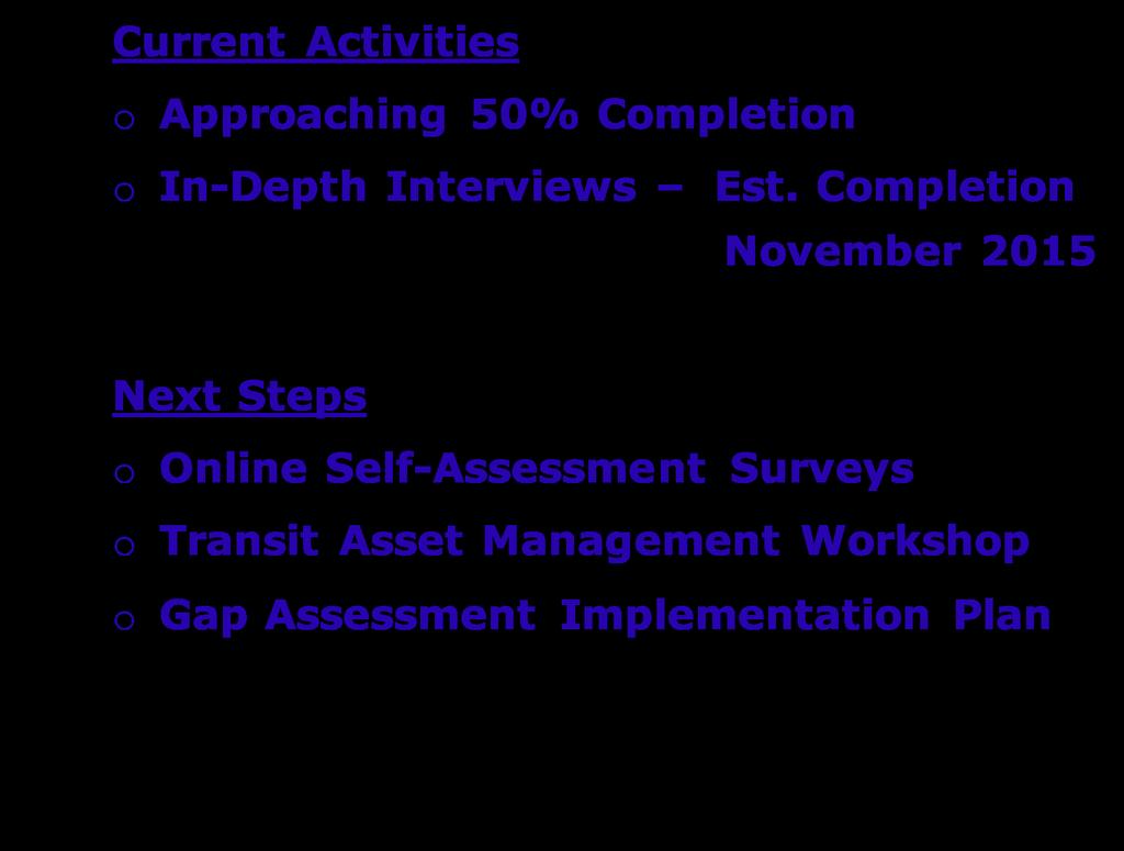 Current Activities Transit Gap Analysis Project Schedule o Approaching 50% Completion o In-Depth Interviews Est.