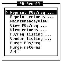 4 PO RECALL The PO-RECALL module answers all those questions you may have about vendor returns that have been removed from the system by vendor return confirmations.