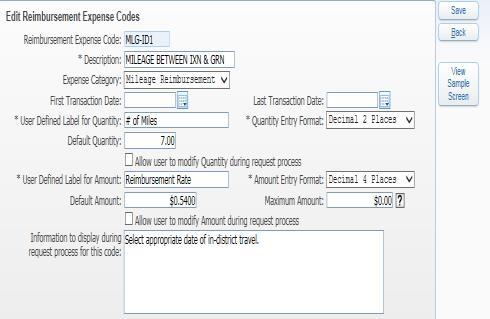 Expense Reimbursement Codes Fields can be altered to give end-user