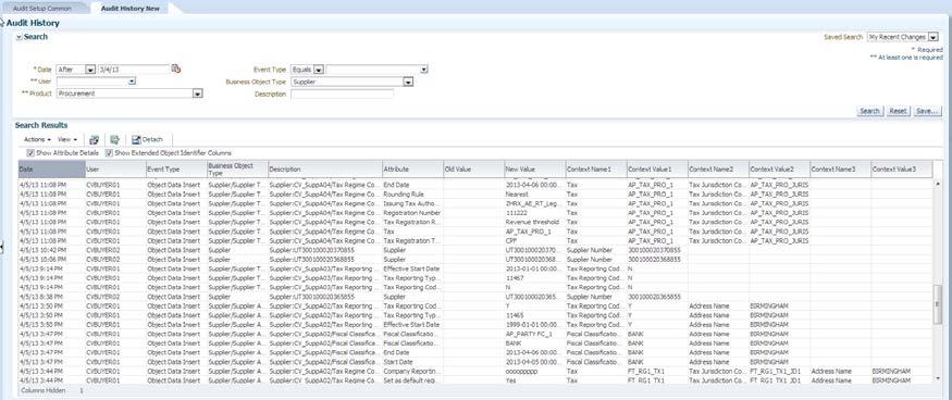 Figure 4: Audit History Results View supplier change history using various search criteria as follows: a) Date: Select a specific date or a date range within which to view supplier change history.