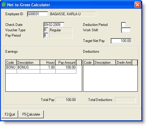 Figure 1: Net-to-Gross Calculator Screen Descriptions of the fields in the header area are as follows: Employee ID Check Date Enter the employee who will receive the payment.