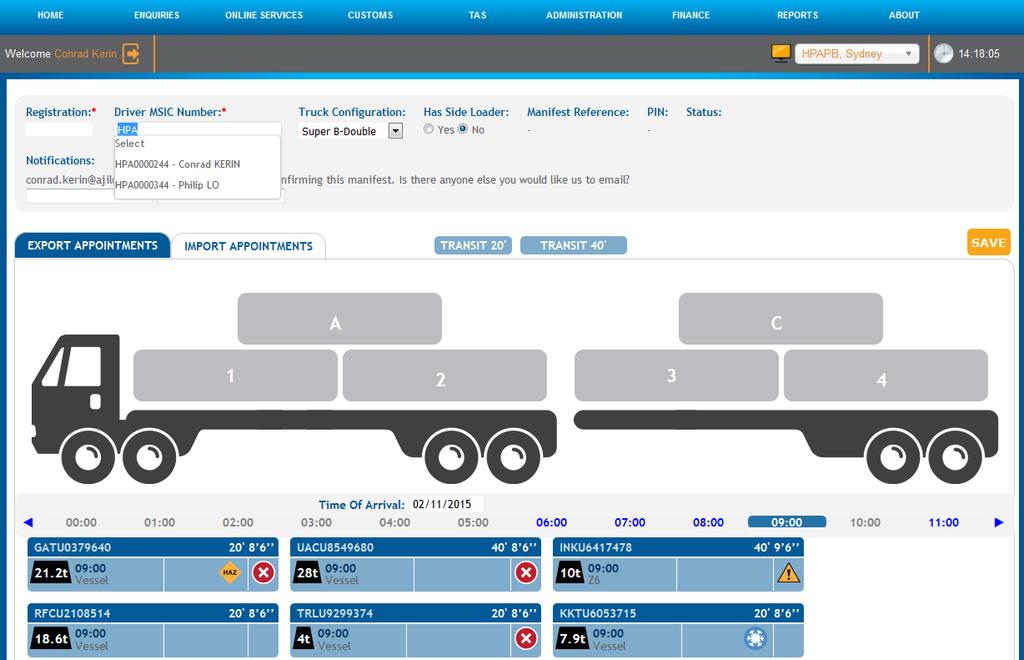 Figure 44 Create Truck Manifest page Note 1: In the screenshot above you would only expect to see appointment in the bottom panel if you have confirmed appointments for the day and hour selected.