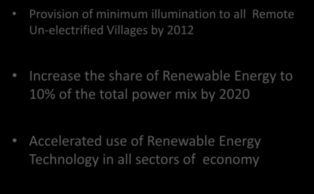 VISION of OREDA Provision of minimum illumination to all Remote Un-electrified Villages by 2012 Increase the share of