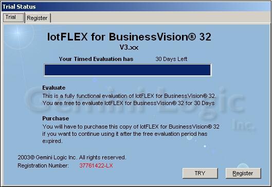 Installation and Registration Click Try to continuing using lotflex in trial mode.
