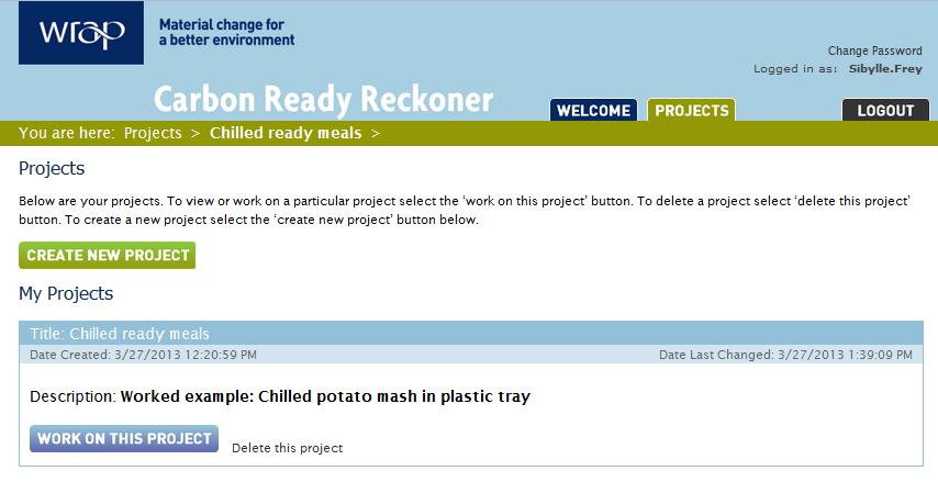 Chilled ready meal potato mash 7 A new project was created by clicking on the green button CREATE A NEW PROJECT.