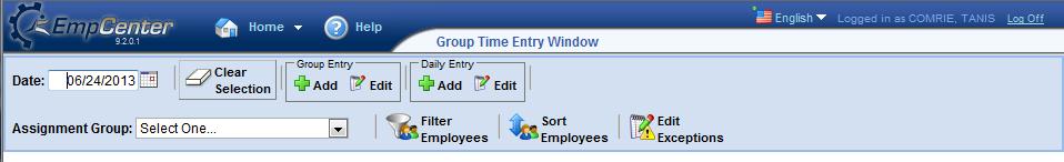 To display the Group Time Entry window, select Edit Time for Groups from the Time Entry area of the dashboard. Lesson 3: Working with Employee Timesheets Figure 18: Edit Time for Groups.