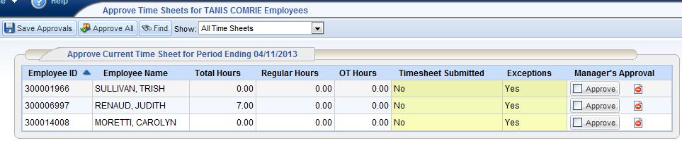 The Approve Current Timesheets window appears. The names of the employees in the group populate the main window. Figure : Approve Current Timesheets. 4.