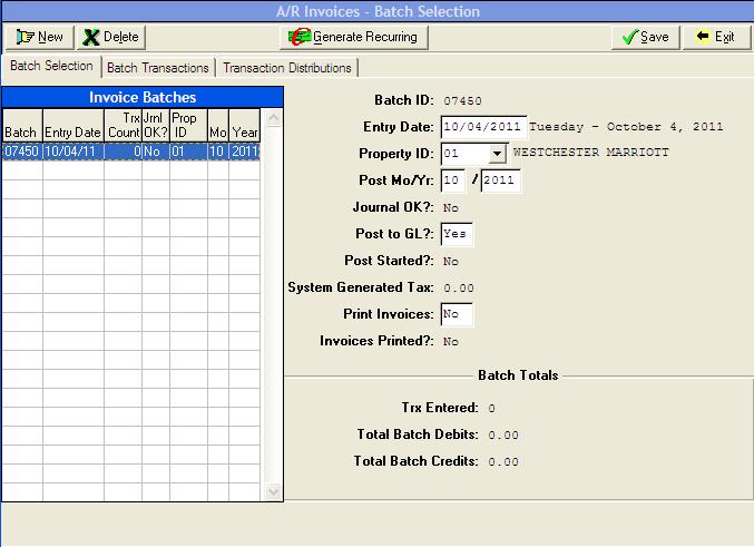B Data Entry The Data Entry menu is where the invoice information is entered and edited. Batch Selection To delete an existing batch highlight it in the browse and click Delete.