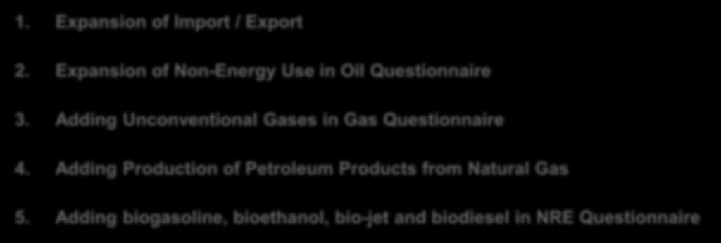Annual Energy Data Collection 1. Expansion of Import / Export 2. Expansion of Non-Energy Use in Oil Questionnaire 3.