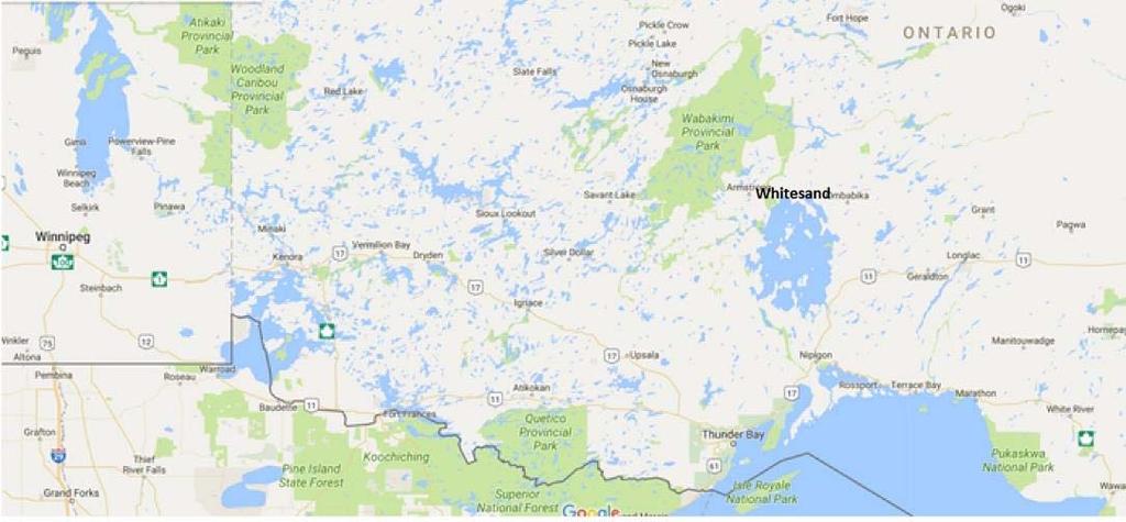 Whitesand First Nation Whitesand First Nation is located approximately 250 km north of Thunder Bay, Ontario near