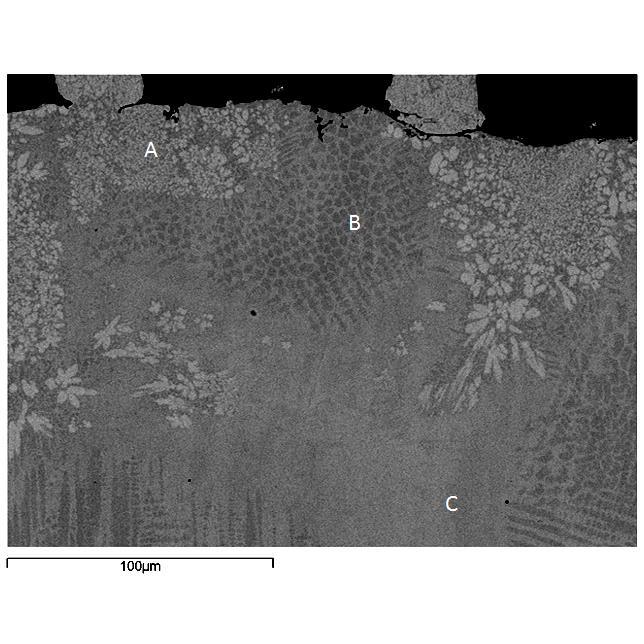 Fig.4. Microstructure of depostited T800+Ni20Cr mix as seen by SEM (retro-dispersed electrons). Table 1.