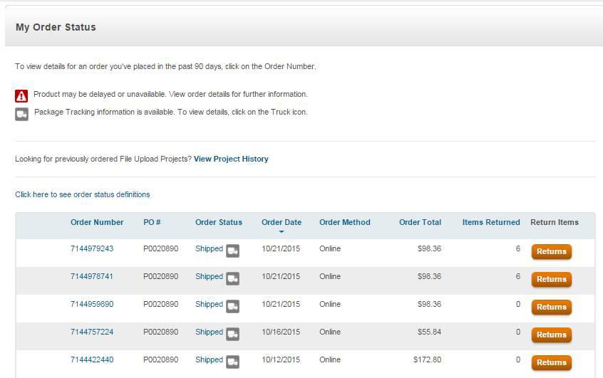 My Shipped Orders page displays orders that have been shipped. Click on Order # to review line item detail.