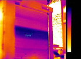 In this thermogram of a 240V 110A breaker, the load rating (95) of the B phase exceeds 80% ampacity and its temperature exceeds the