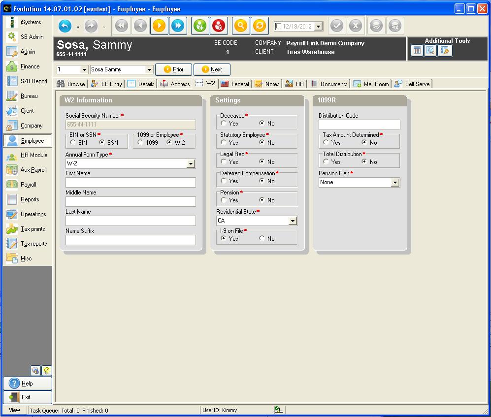 W-2 Tab 1. Click on the EMPLOYEE button on the vertical menu and select employee. Click on the W-2 Tab. 2.