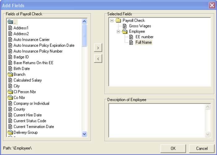 15. The Wizard opens the Employee table (folder) and displays its fields in the Fields of Payroll Check box.