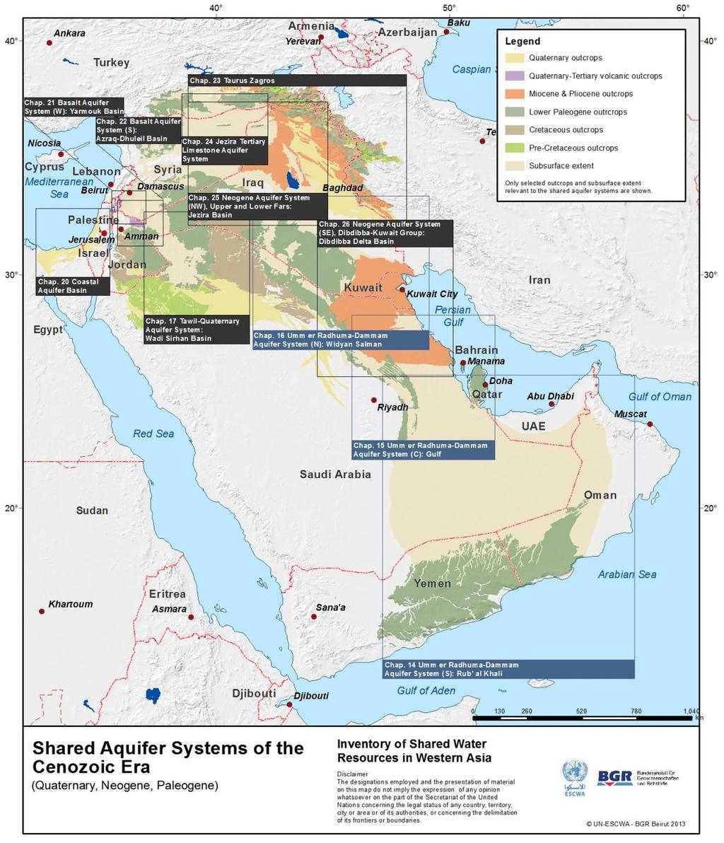 Shared Aquifer Systems: Cenozoic Era More shared aquifers than generally understood Umm er Radhuma-Dammam Aquifer System (North): Widyan-Salman - Iraq, Kuwait, Saudi Arabia Umm er Radhuma-Dammam