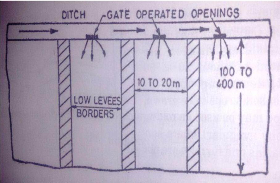 2) Border Flooding: In this method, the land is divided into number of strips, separated by low levees called borders.