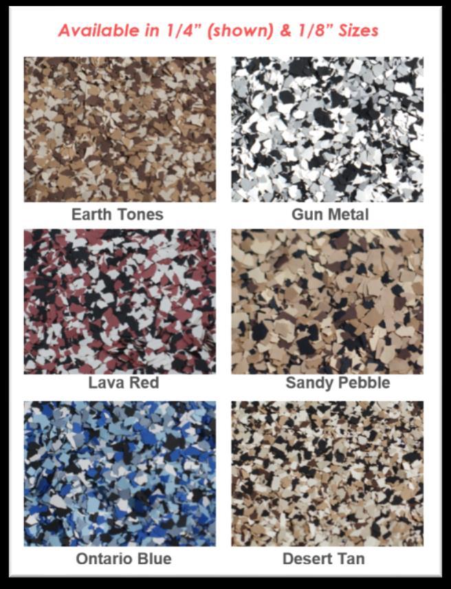 Broadcasts, Aggregates, & Misc. Marbling Pigment Vinyl Chips for Partial or Full Broadcast Full Coverage 9-12 SF per lb. Light Coverage 25-200 SF per lb.