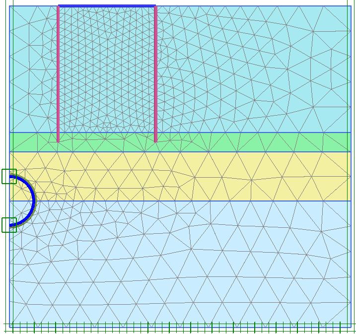 In the Output program click on the Fixities option in the Geometry menu to display them in the model. The generated mesh is shown in (Figure 5.5). Click on the Close tab to close the Output program.
