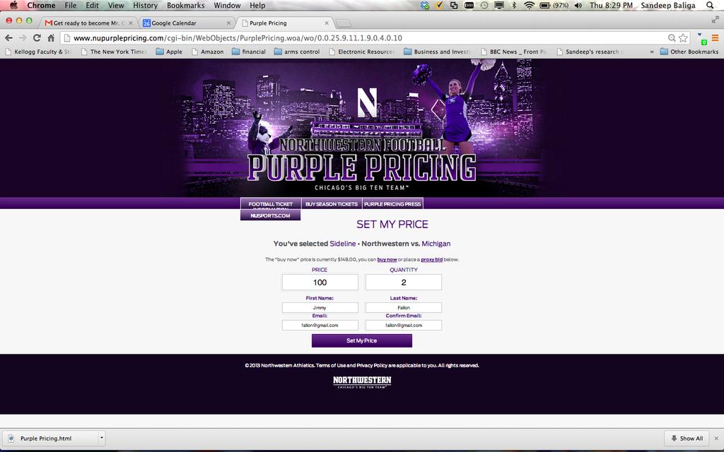 Execution Buying and Bidding If a customer clicks the buy option, they are immediately sent to the Northwestern Paciolan webpage where they can pick seats and purchase tickets.