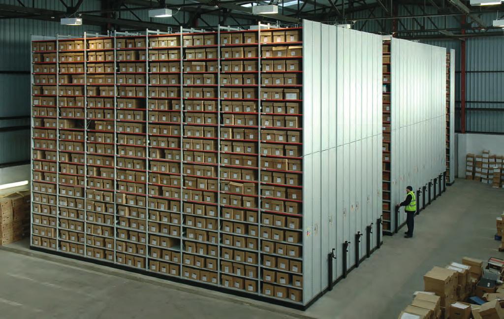 Euro Shelving mounted upon mobile bases offers a space efficient solution to