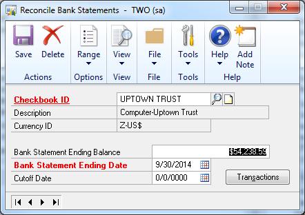 17. Clear Range of Checks Financial Page TRANSACTIONS-FINANCIAL-RECONCILE BANK STATEMENT Select a Checkbook ID, enter the Bank Statement Ending Balance and appropriate dates