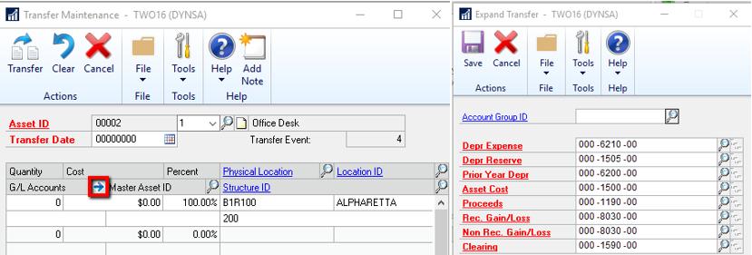 Pull up the Asset in question and click the blue arrow next to G/L Accounts.